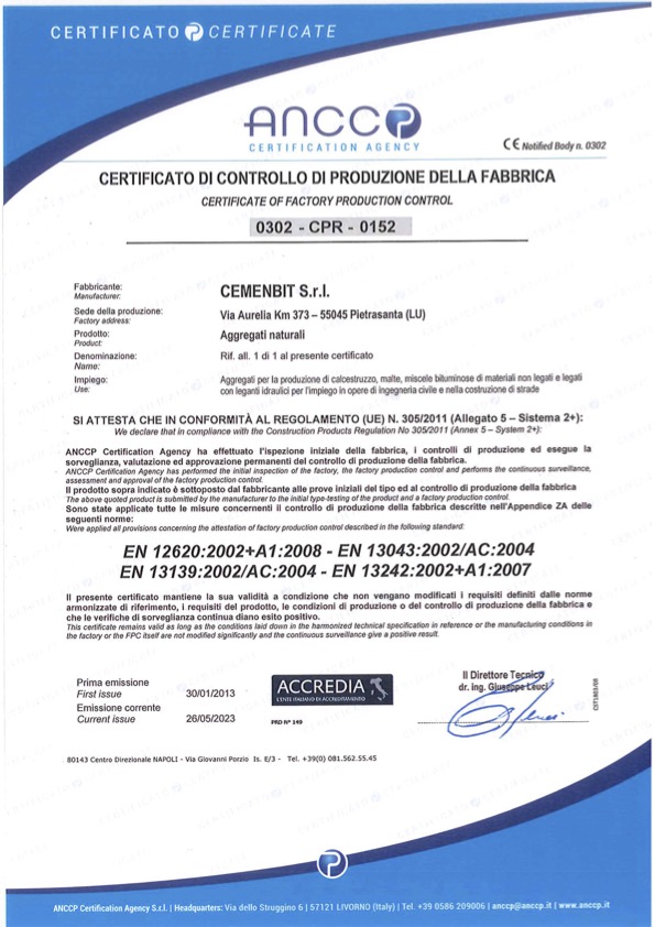 CE Certificato di controllo di produzione della fabbrica - PIETRASANTA