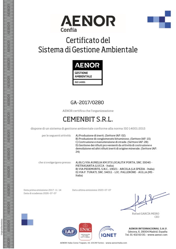 AENOR Certificato del sistema di Gestione Ambientale