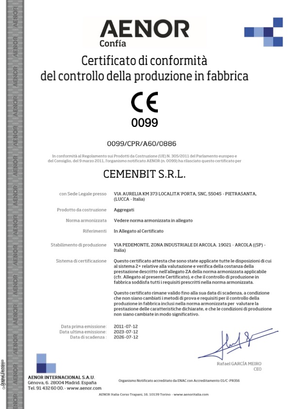 AENOR Certificato di conformità del controllo della produzione in fabbrica (aggregati) - ARCOLA