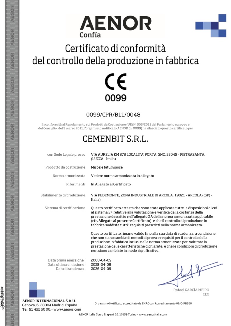 AENOR Certificato di conformità del controllo della produzione in fabbrica (miscele bituminose) - ARCOLA