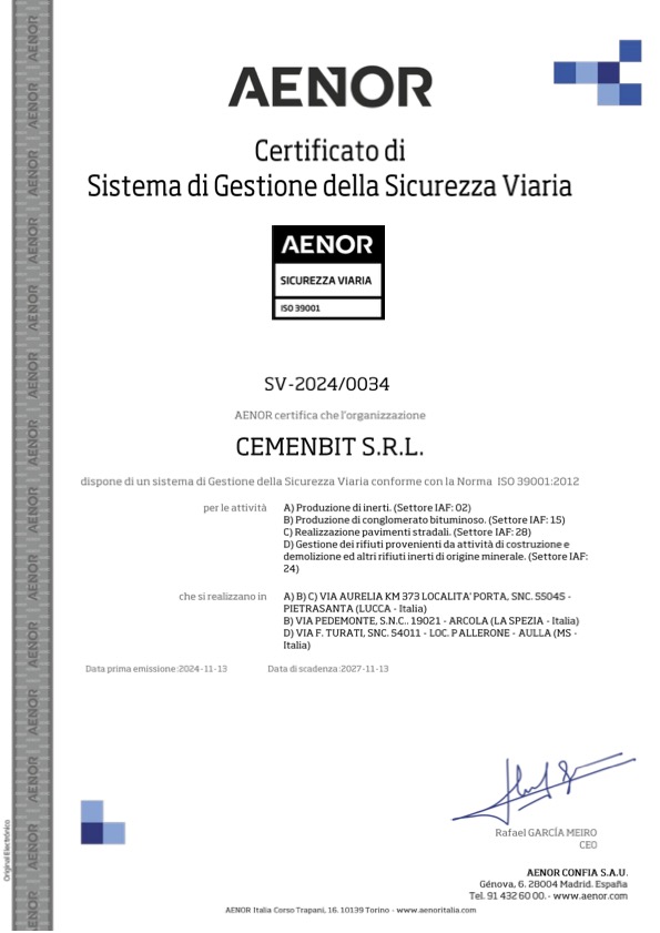 AENOR Certificato di Sistema di Gestione della Sicurezza Viaria