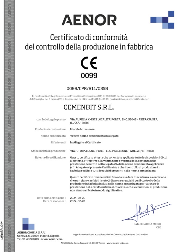Certificato Conformità CE Miscele bituminose - PALLERONE