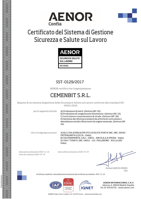 AENOR Certificato del Sistema di Gestione Sicurezza e Salute sul Lavoro