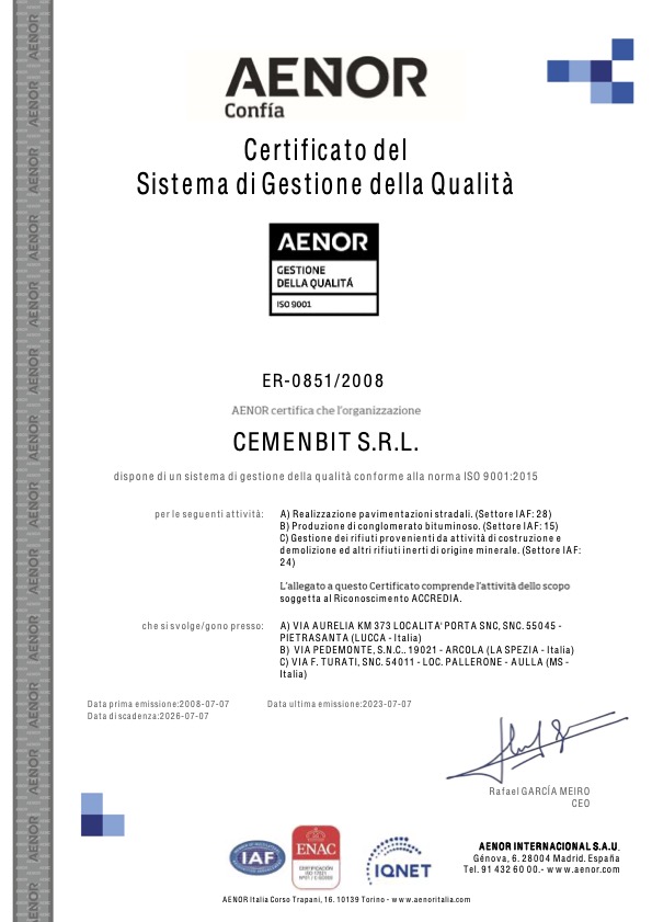 AENOR Certificato del Sistema di Gestione della Qualità