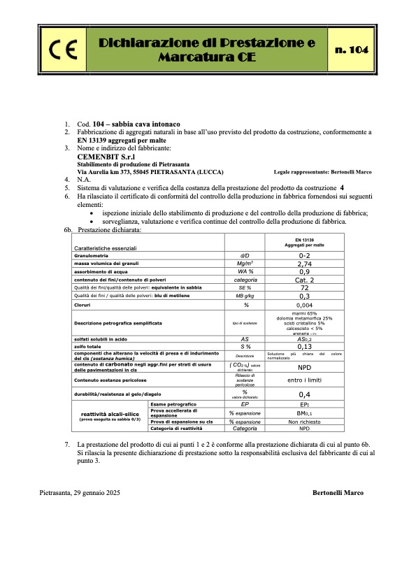 CE sabbia cava intonaco (cod. 104)